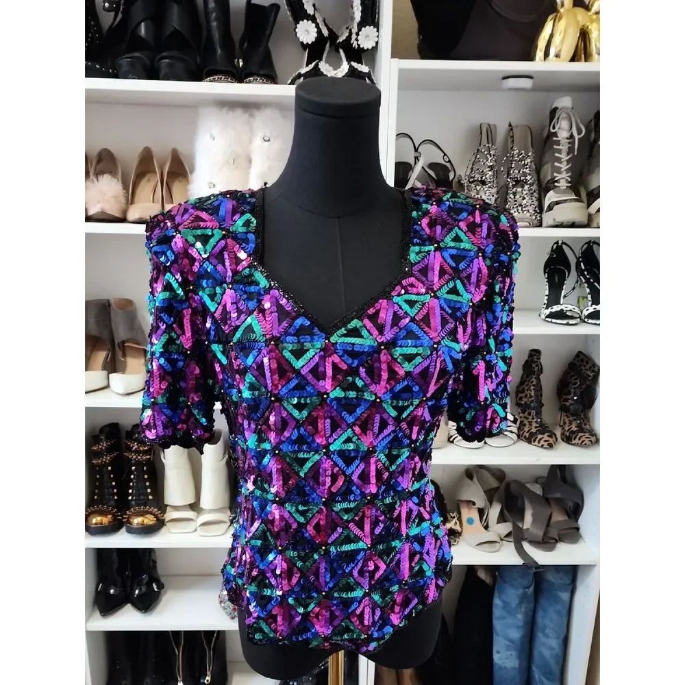 Laurence Kazar Multicolor Sequin Geometric V-Neck Top